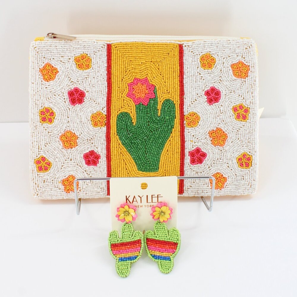 FREE EARRINGS KAYLEE Cactus Floral Beaded Slim Zip Top Clutch Crossbody Bag NWT